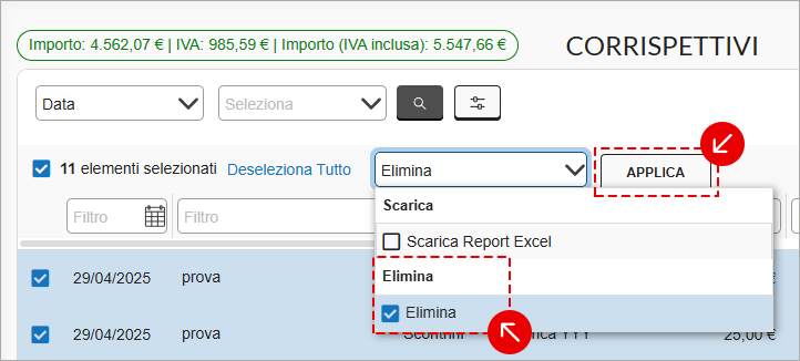 Menu azioni Corrispettivi con Elimina e Applica