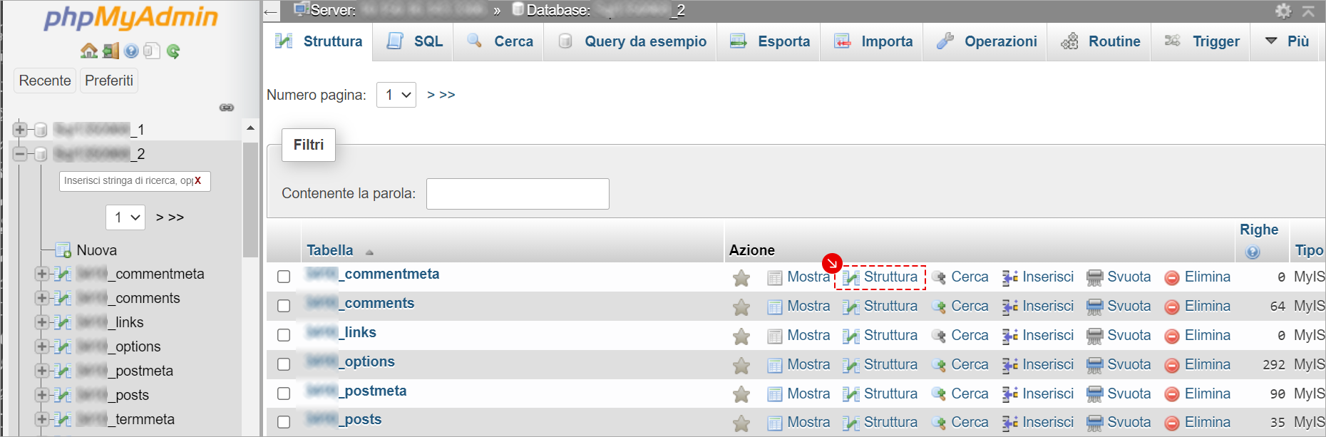 phpMyAdmin: elenco tabelle del database; nella colonna Azione è selezionata l’opzione Struttura.