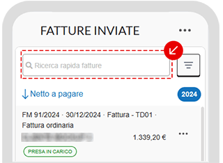 Schermata dell’app con ricerca rapida delle fatture inviate