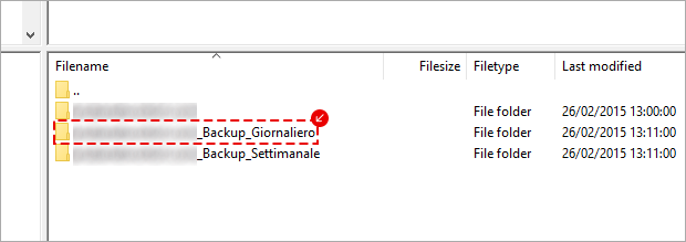 Client FTP: cartelle “_Backup_Giornaliero” e “_Backup_Settimanale” evidenziate nell’elenco directory.