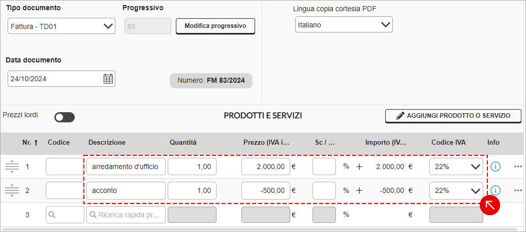 Gestione di acconto e arrotondamento nella sezione Prodotti e servizi della fattura