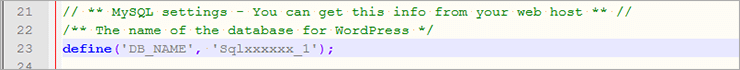 wp-config.php: imposta il nome del database WordPress nella costante DB_NAME (es. “Sqlxxxxxx_1”).