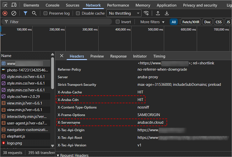 DevTools Network > Headers: X-Aruba-Cache HIT, X-Aruba-Cdn HIT, X-Servername arubadcn.cloud visibili.