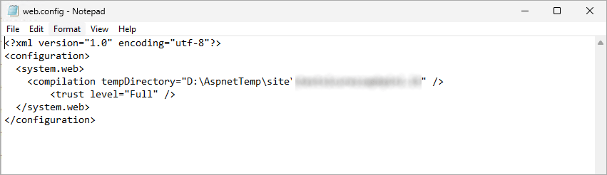 File web.config aperto in Blocco note con configurazione compilation e trust level