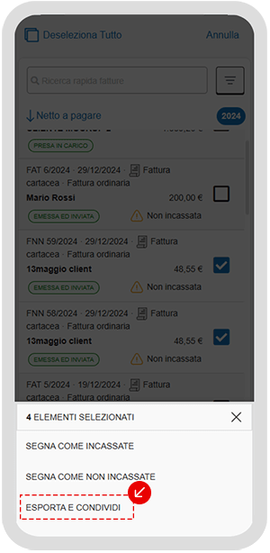 Schermata dell’app con opzione Esporta e condividi per le fatture selezionate