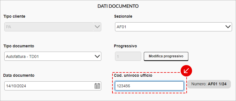 Sezione Dati documento con campo per l’inserimento del codice univoco ufficio evidenziato