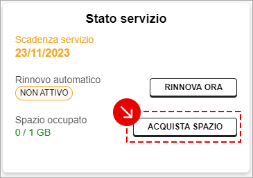 Schermata stato servizio, rinnovo e spazio occupato, pulsanti Rinnova ora e Acquista spazio