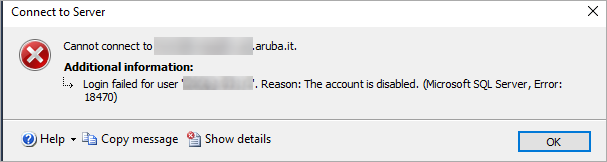 SSMS: Connetti al server, scheda Proprietà connessione con campi Database, Protocollo di rete e Timeout; pulsante Connetti.