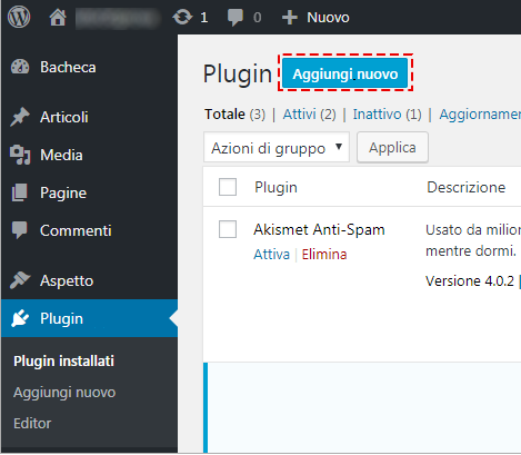 WordPress: schermata Plugin con pulsante Aggiungi nuovo evidenziato per installare un nuovo plugin.