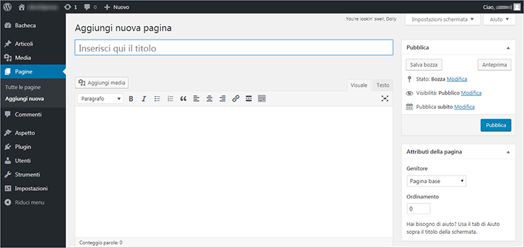 WordPress, Aggiungi nuova pagina: campo titolo, editor classico e pannello Pubblica con pulsante Pubblica.