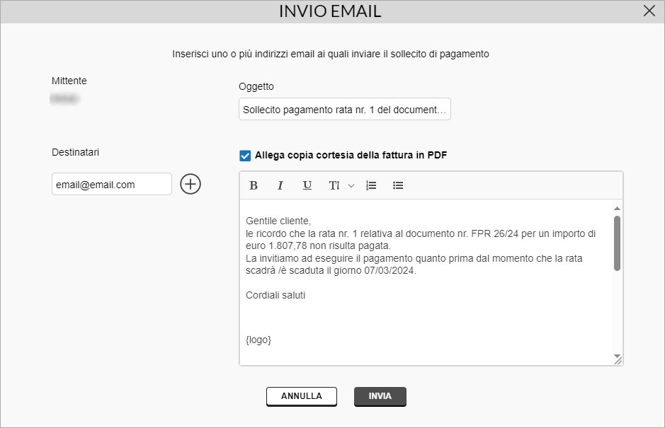 Finestra Invio email per sollecito pagamento rata