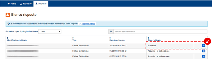 Elenco risposte AdE con stato richiesta Elaborata evidenziato
