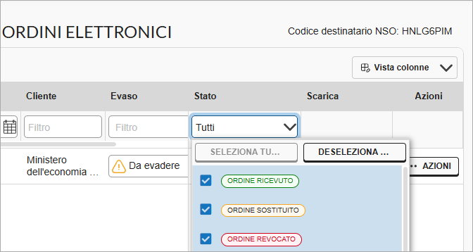 Filtro per stato ordine elettronico