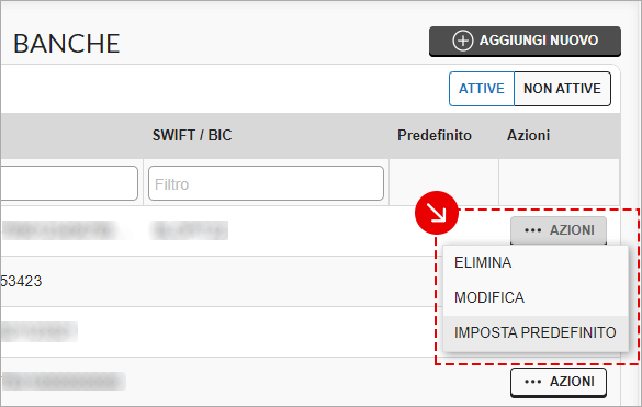 Menu Azioni banca con Elimina, Modifica e Imposta predefinito