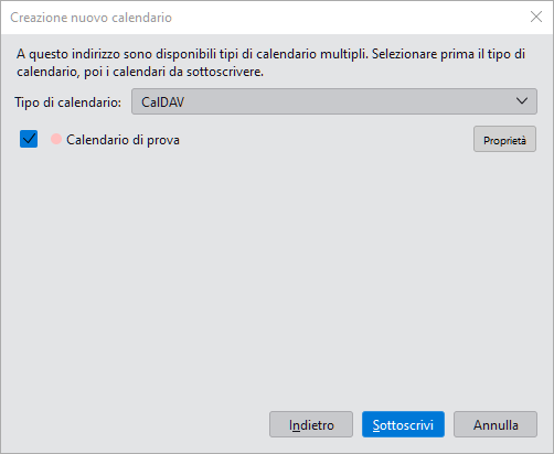 Finestra di creazione calendario in Thunderbird con selezione tipo CalDAV e calendario di prova da sottoscrivere