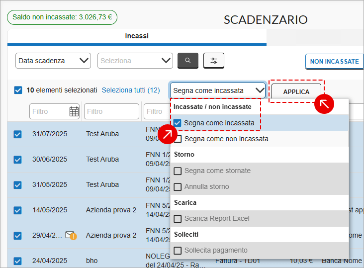 Menu azioni scadenzario con Segna come incassata e Applica