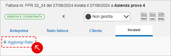 Pulsante Aggiungi rate nella sezione Incassi