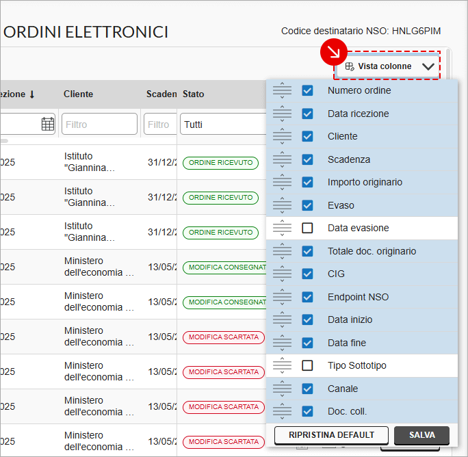 Configurazione colonne nella lista ordini elettronici