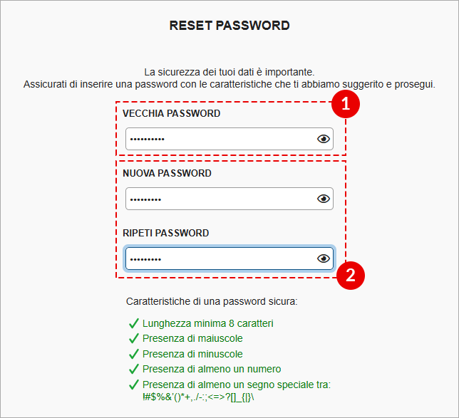 Schermata Reset password