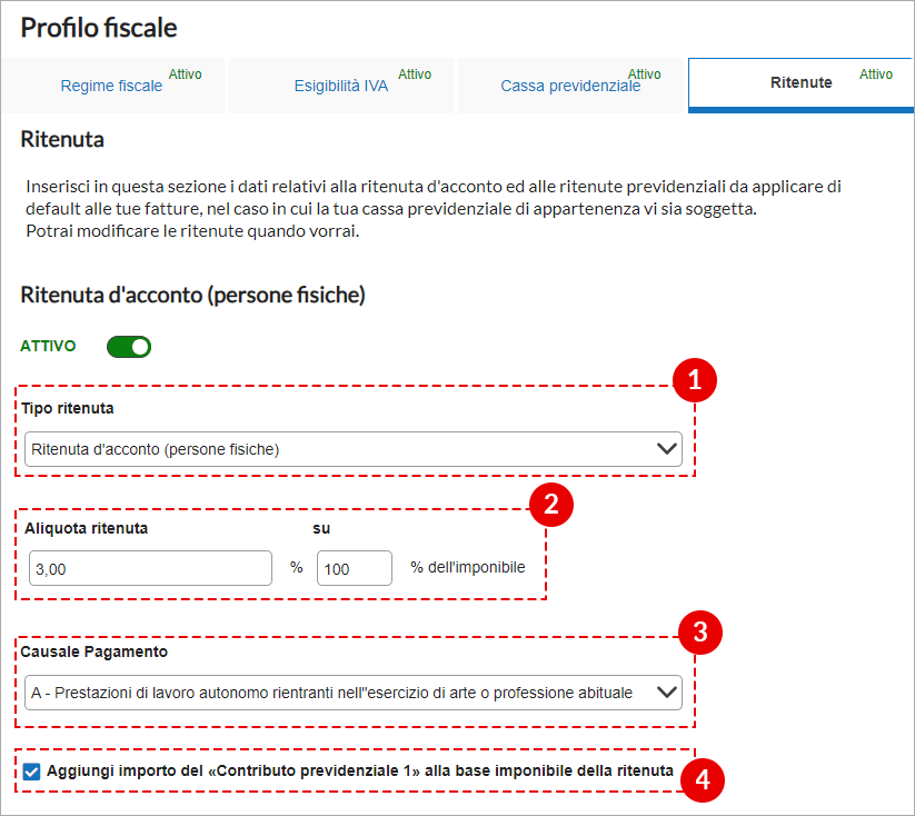Sezione Ritenute con attivazione ritenuta d’acconto, aliquota, causale pagamento e contributo previdenziale