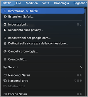 Menu Safari su macOS con voce Informazioni su Safari selezionata per visualizzare i dettagli del browser