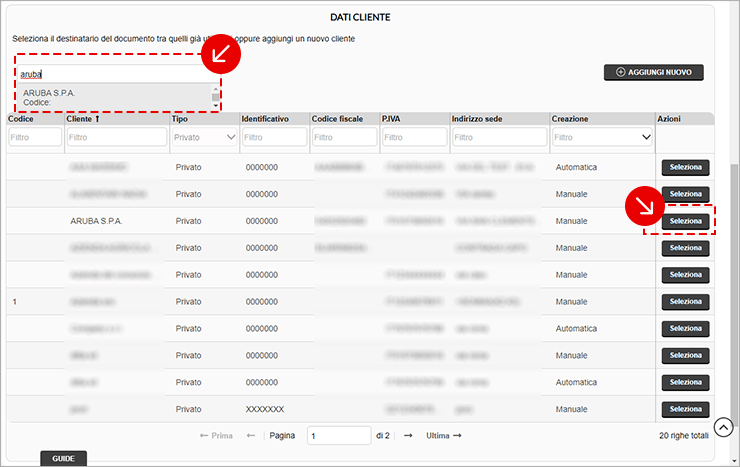 Ricerca cliente per selezione destinatario documento