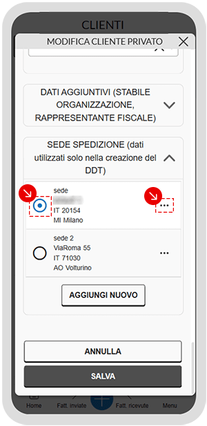 Selezione della sede di spedizione predefinita del cliente nell’app