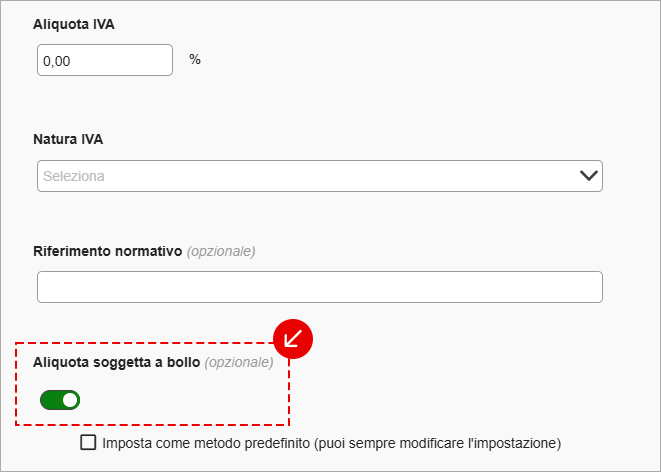 Opzione Aliquota soggetta a bollo attiva