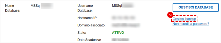 Scheda dettaglio DB MSSQL: stato ATTIVO, pulsante Gestisci database; link Gestisci backup evidenziato.