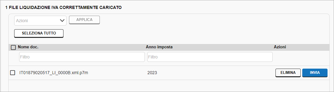 Sezione con file di liquidazione IVA correttamente caricato, con azioni Elimina e Invia disponibili