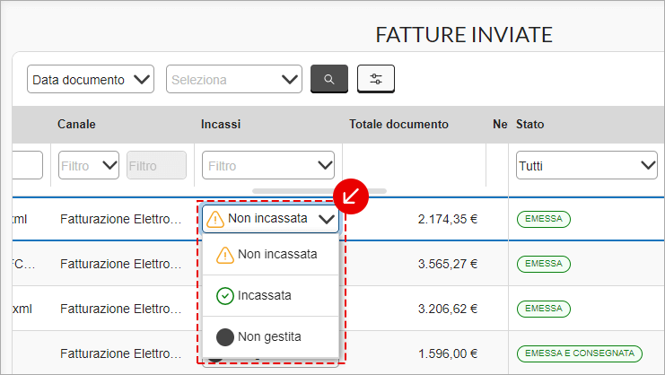 Elenco delle fatture inviate con modifica dello stato di incasso