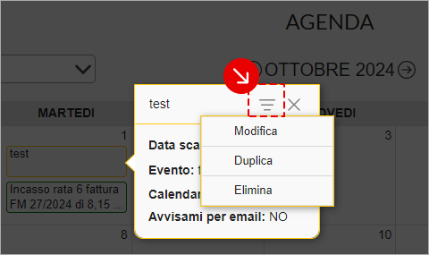 Menu evento Agenda con opzioni Modifica, Duplica ed Elimina