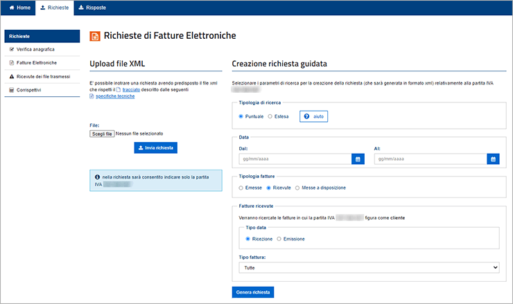 Sezione Richieste di Fatture Elettroniche del portale AdE con upload file XML e creazione richiesta guidata