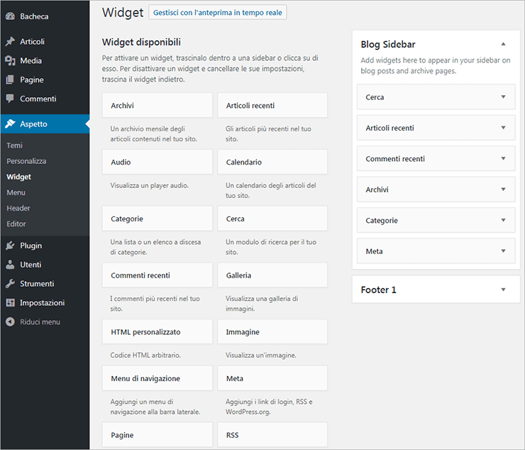 Schermata WordPress: Aspetto > Widget con elenco widget disponibili e aree “Blog Sidebar” e “Footer 1”.