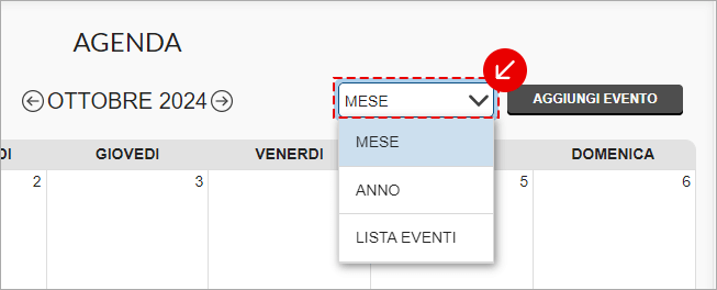 Selettore vista Agenda con opzioni Mese, Anno e Lista eventi