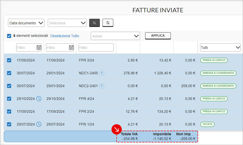 Calcolo dei totali per le fatture selezionate nella lista delle fatture inviate