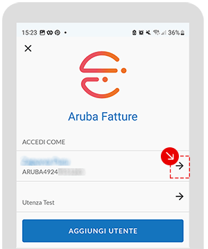 Schermata dell’app Aruba Fatture con selezione dell’utenza evidenziata
