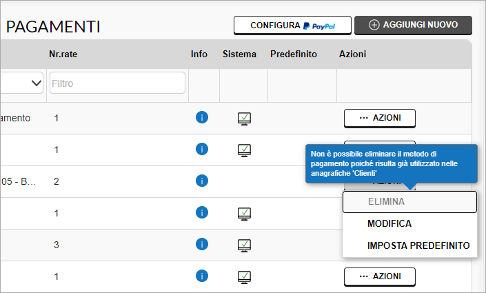 Menu Azioni metodo pagamento con Modifica e Imposta predefinito