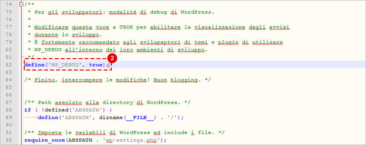 Editor codice: wp-config.php con define('WP_DEBUG', true) evidenziato per attivare il debug.