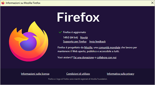 Schermata Informazioni su Mozilla Firefox con versione del browser e stato di aggiornamento
