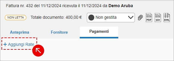Pulsante Aggiungi rate nella sezione Pagamenti
