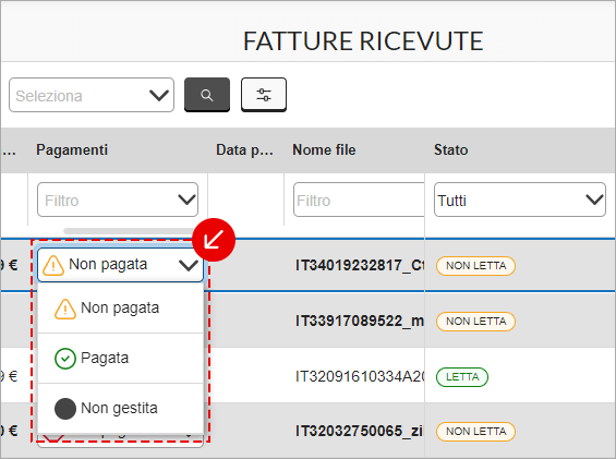 Filtro per stato di pagamento nelle fatture ricevute