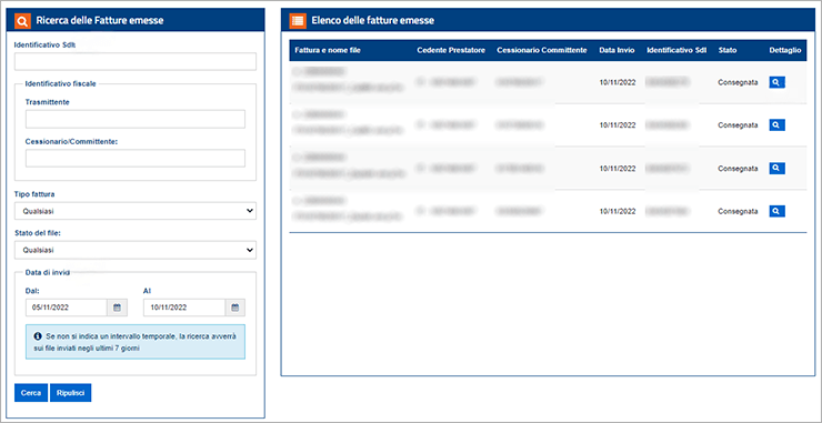 Ricerca e elenco delle fatture emesse con stato e dettaglio nel portale AdE