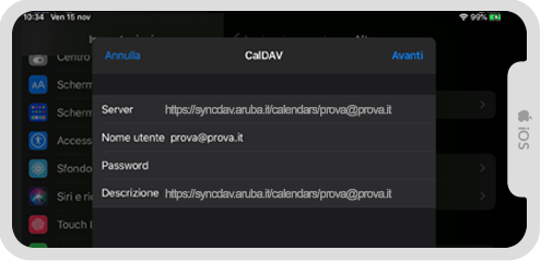 Schermata iOS di configurazione CalDAV con campi Server, Nome utente, Password e Descrizione valorizzati per calendario Aruba