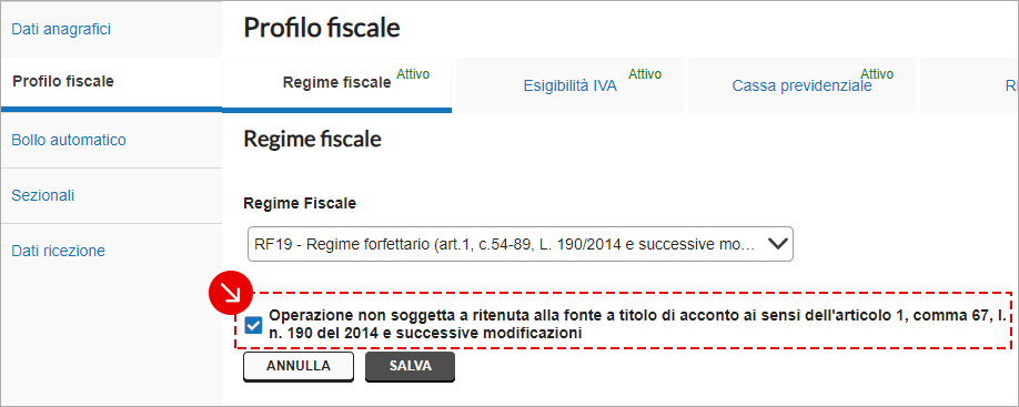 Sezione Regime fiscale con opzione per operazione non soggetta a ritenuta attiva e pulsante Salva
