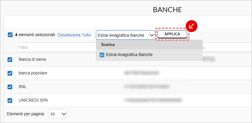 Menu azioni banche con Estrai Anagrafica Banche e Applica