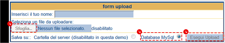 Form upload: campo nome, scegli file con Sfoglia…, opzione Database MySQL selezionata, pulsante Esegui Upload.
