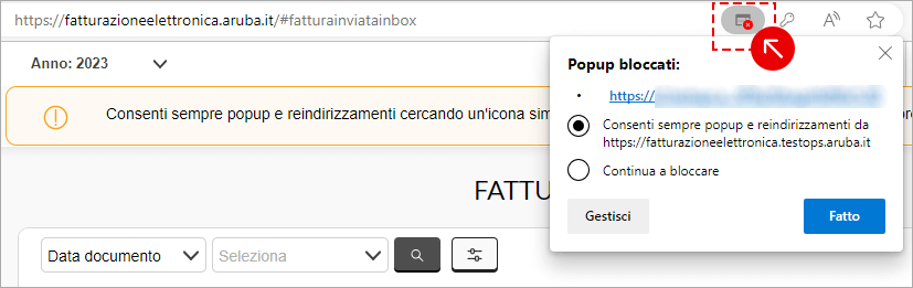 Avviso del browser per popup bloccati durante l’accesso a Fatturazione Elettronica