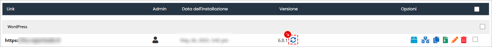 Pannello installazioni con icona di aggiornamento evidenziata nella colonna Versione.