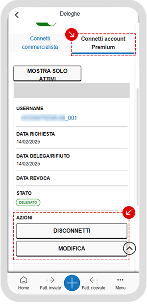 Tab Connetti account Premium e pulsanti DISCONNETTI e MODIFICA in app